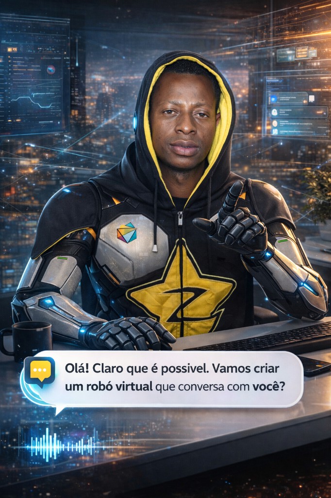 Assistente virtual ciborgue num ambiente futurista, de frente para ti.